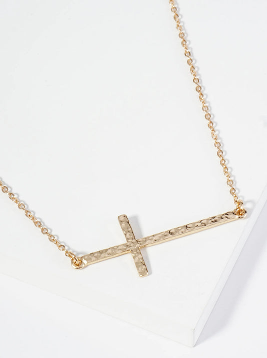 Hammered Metal Sideways Cross Pendant Necklace