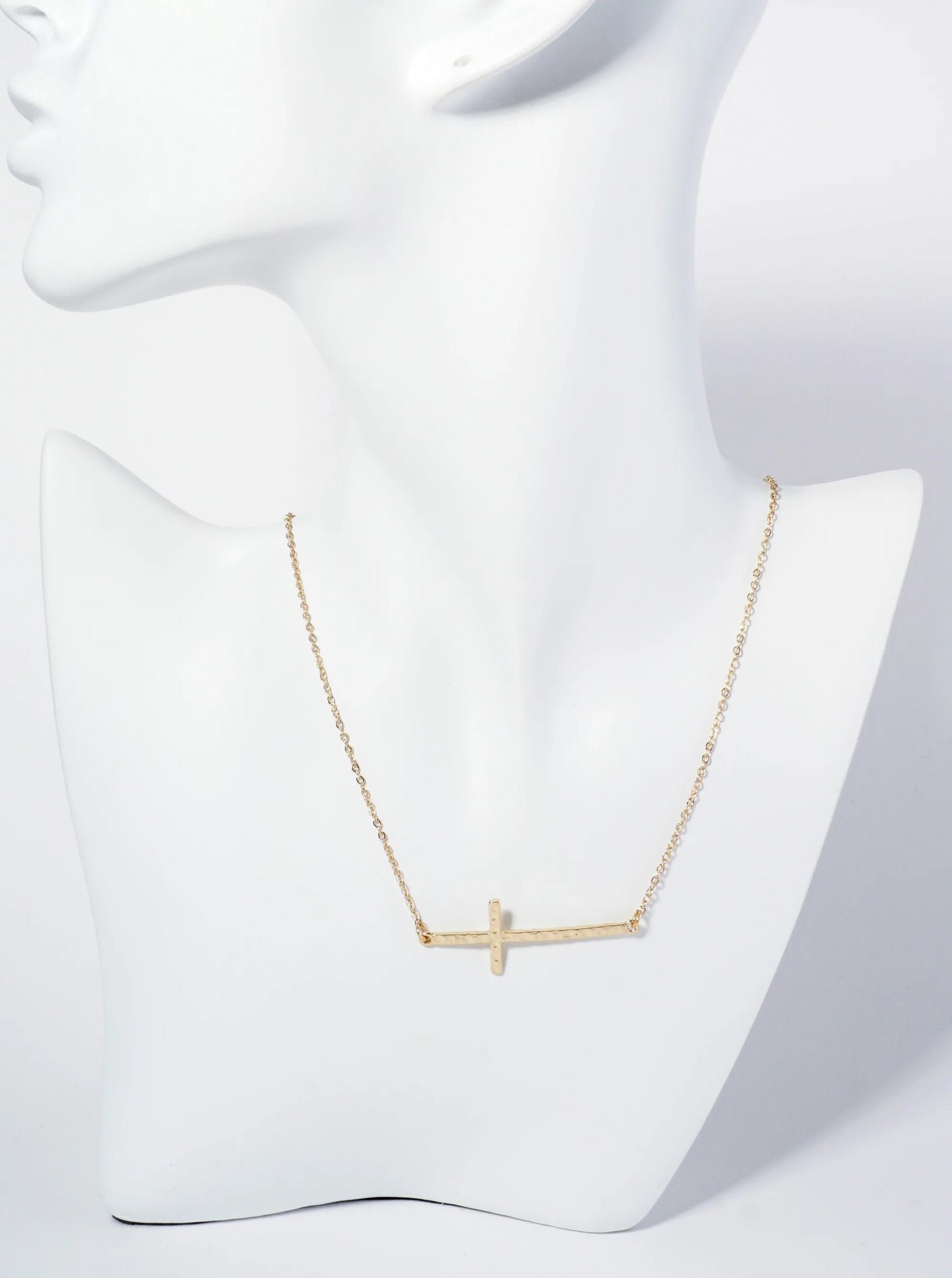 Hammered Metal Sideways Cross Pendant Necklace