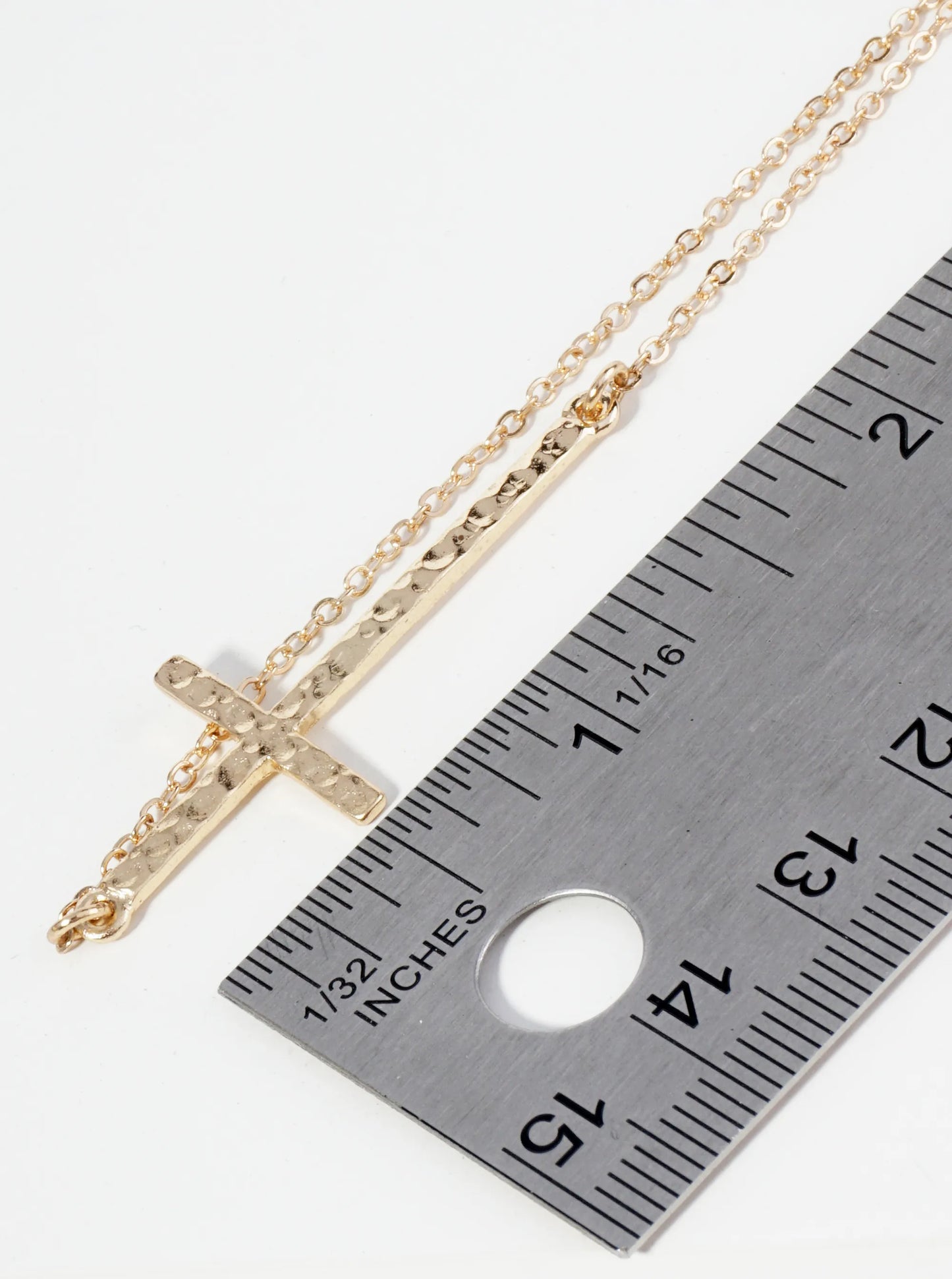 Hammered Metal Sideways Cross Pendant Necklace