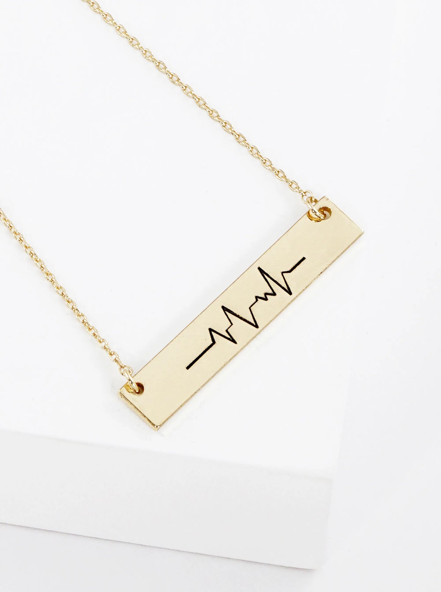 Heartbeat Engraved Horizontal Bar Pendant Necklace