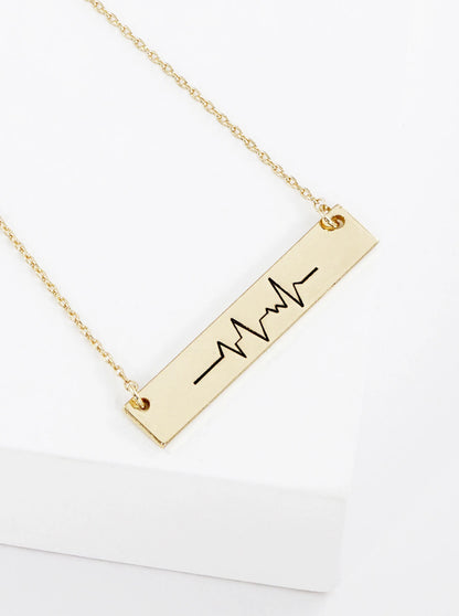 Heartbeat Engraved Horizontal Bar Pendant Necklace