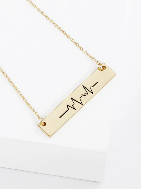 Heartbeat Engraved Horizontal Bar Pendant Necklace