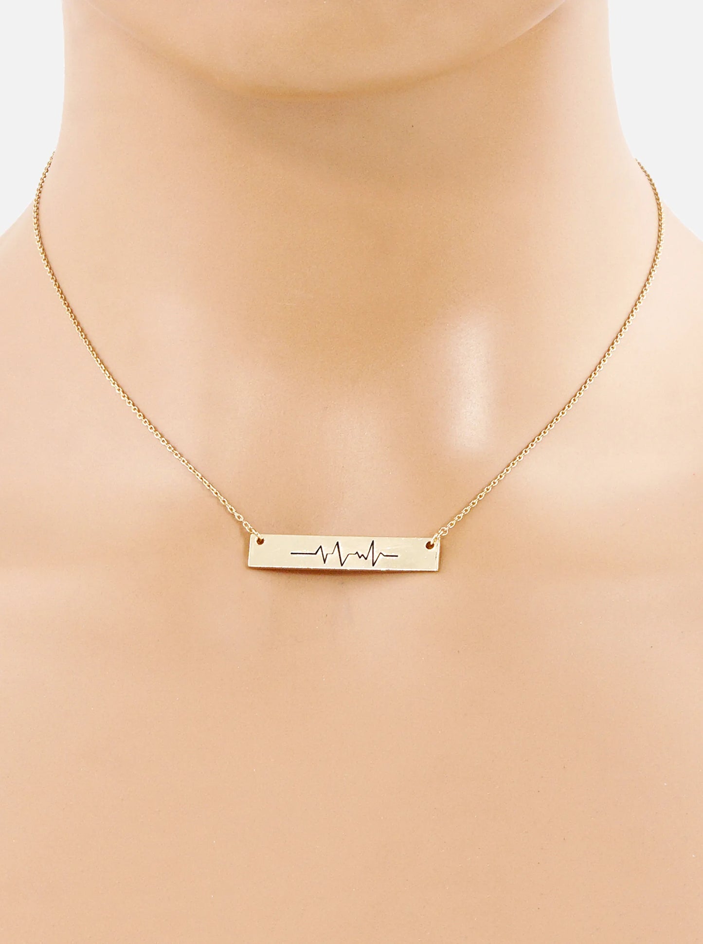 Heartbeat Engraved Horizontal Bar Pendant Necklace