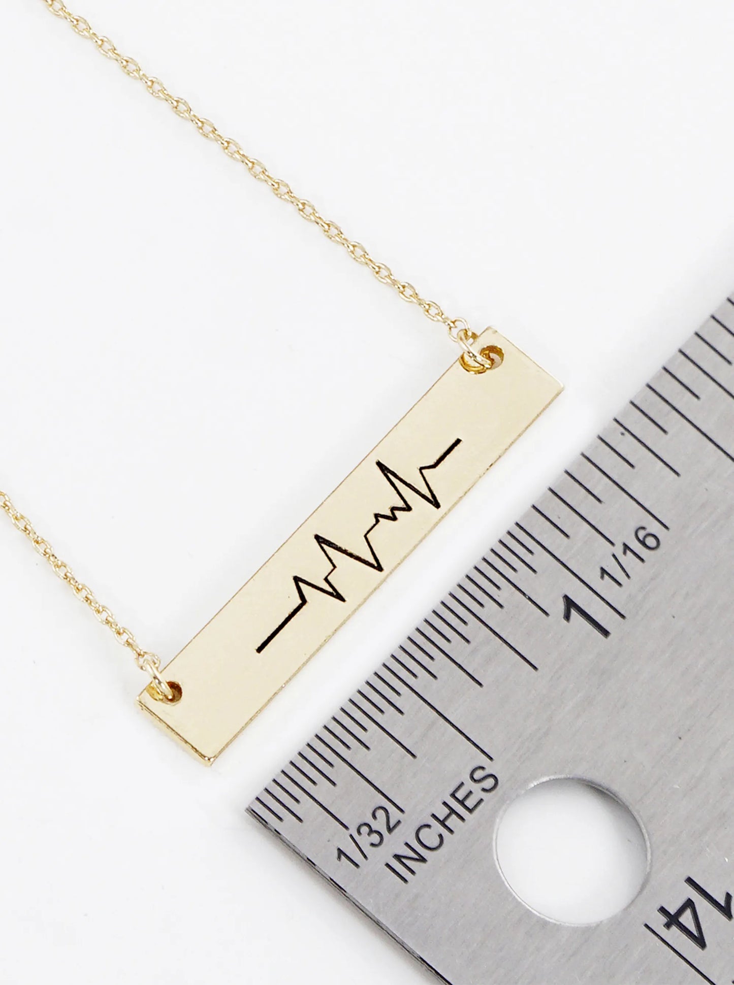 Heartbeat Engraved Horizontal Bar Pendant Necklace