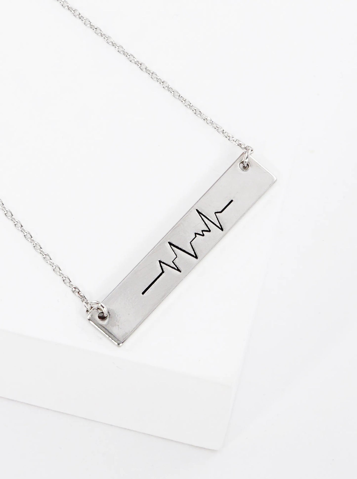 Heartbeat Engraved Horizontal Bar Pendant Necklace