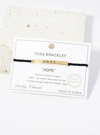 Hope Engraved 18K Gold Dipped Curved Brass Tube Bar Adjustable Pull Tie Bracelet