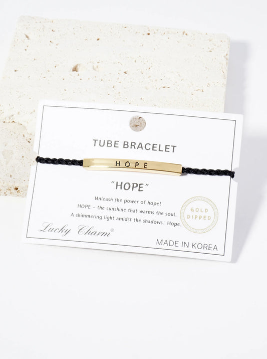 Hope Engraved 18K Gold Dipped Curved Brass Tube Bar Adjustable Pull Tie Bracelet