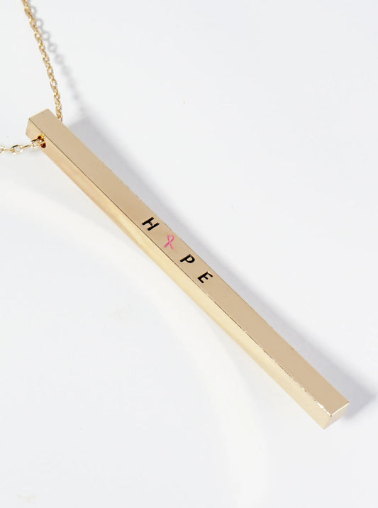 Hope Pink Ribbon Engraved Vertical Bar Pendant Inspirational Necklace