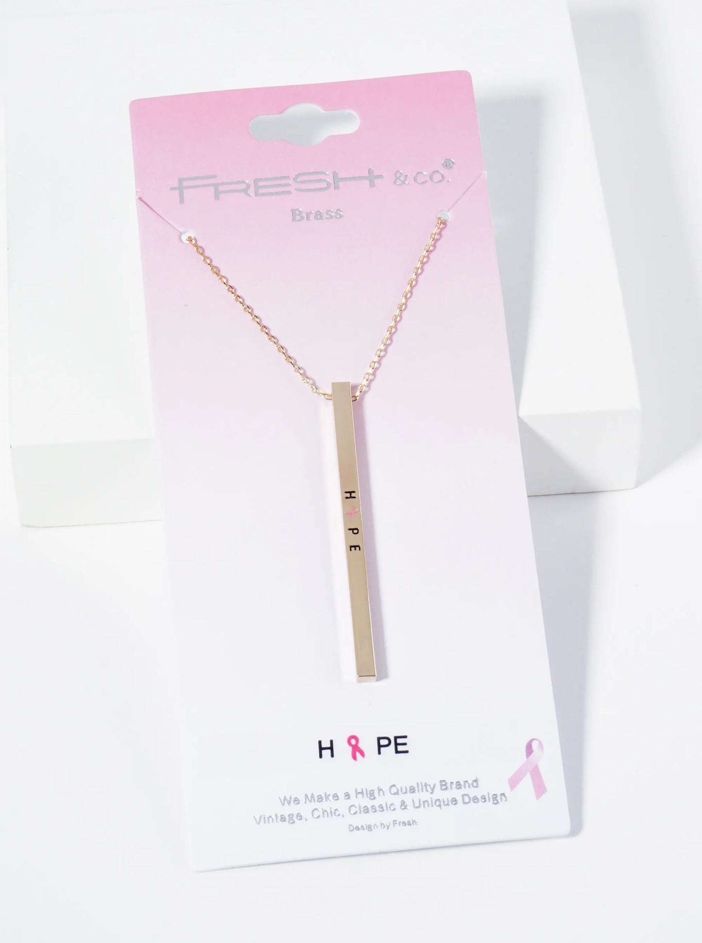 Hope Pink Ribbon Engraved Vertical Bar Pendant Inspirational Necklace