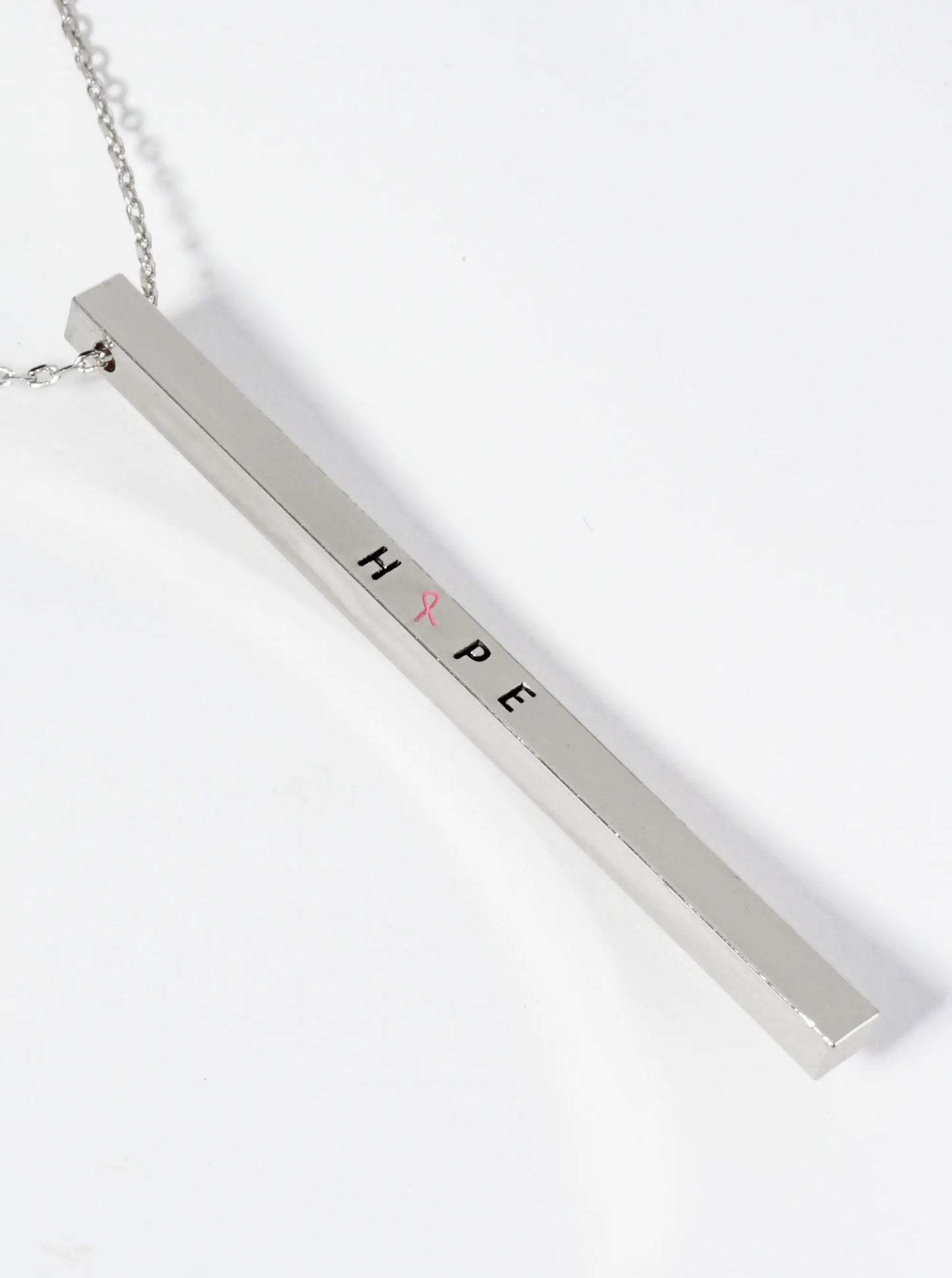 Hope Pink Ribbon Engraved Vertical Bar Pendant Inspirational Necklace