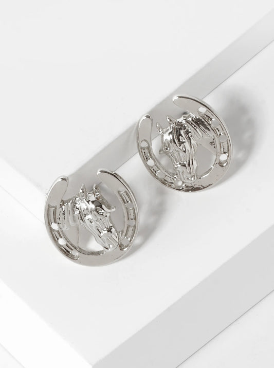 Horse Head In Horseshoe 15mm Stud Earrings