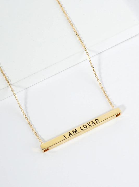 I Am Loved Engraved 18K Gold Dipped Horizontal Brass Bar Pendant Inspirational Necklace
