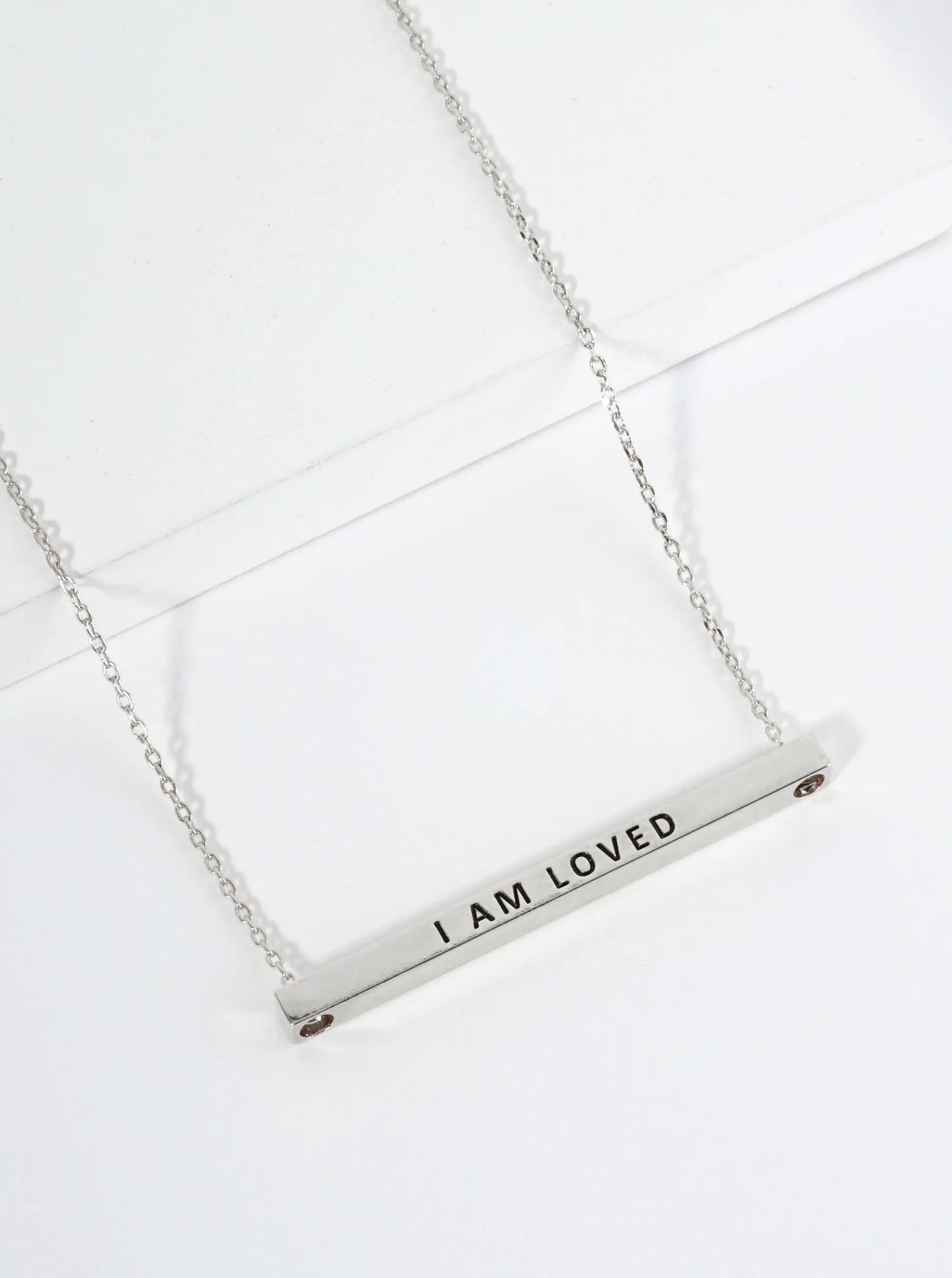 I Am Loved Engraved 18K Gold Dipped Horizontal Brass Bar Pendant Inspirational Necklace