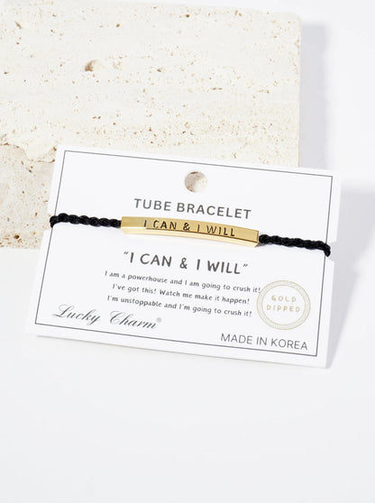 I Can And I Will Engraved 18K Gold Dipped Curved Brass Tube Bar Adjustable Pull Tie Bracelet