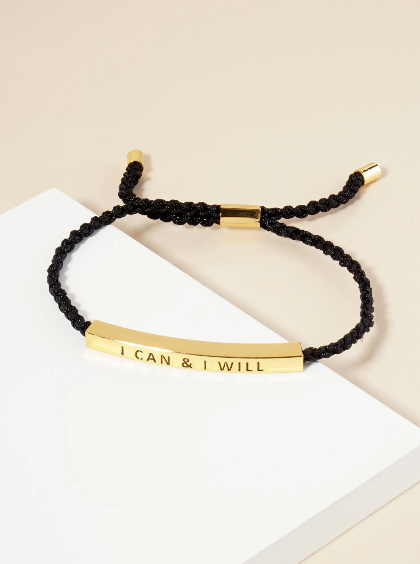 I Can And I Will Engraved 18K Gold Dipped Curved Brass Tube Bar Adjustable Pull Tie Bracelet