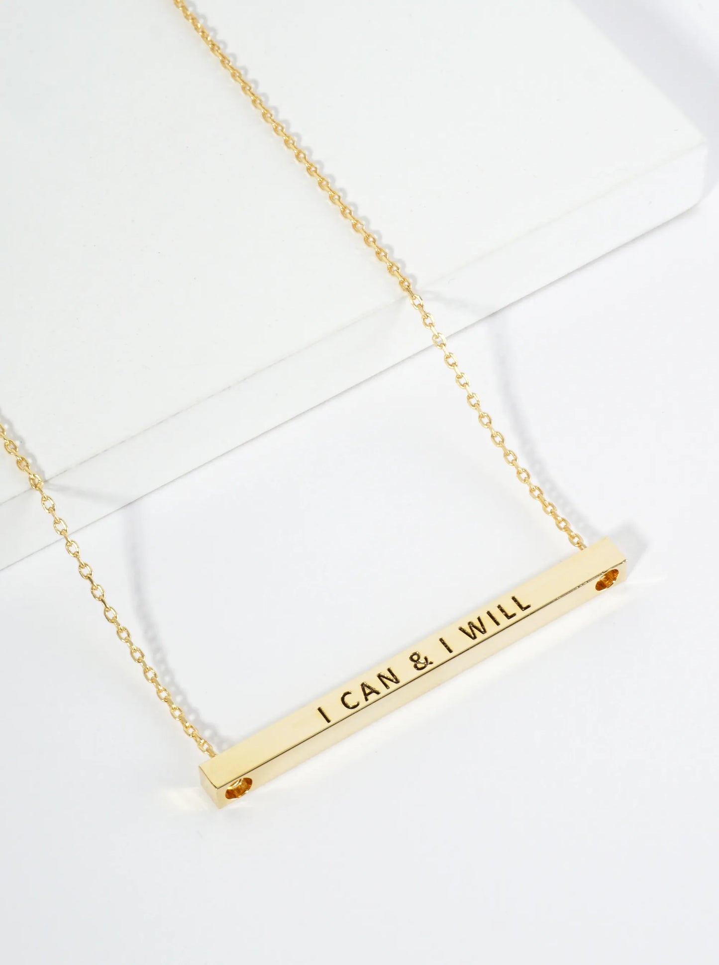 I Can And I Will Engraved 18K Gold Dipped Horizontal Brass Bar Pendant Inspirational Necklace