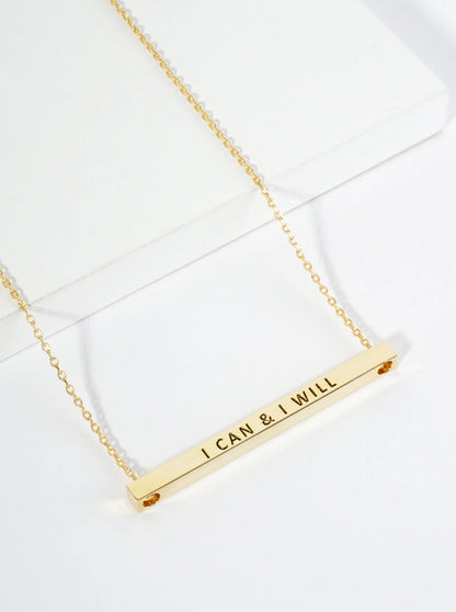 I Can And I Will Engraved 18K Gold Dipped Horizontal Brass Bar Pendant Inspirational Necklace