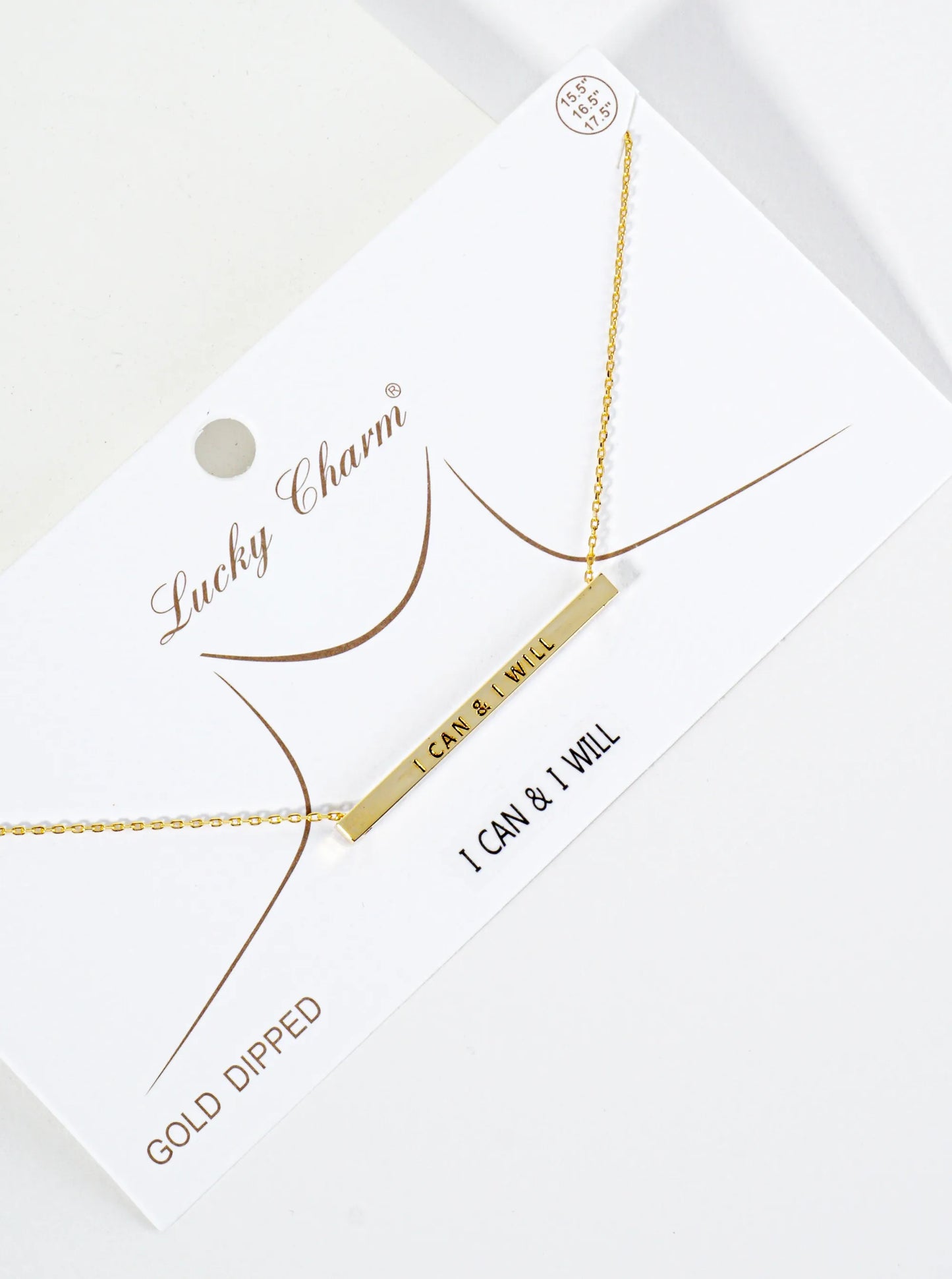 I Can And I Will Engraved 18K Gold Dipped Horizontal Brass Bar Pendant Inspirational Necklace