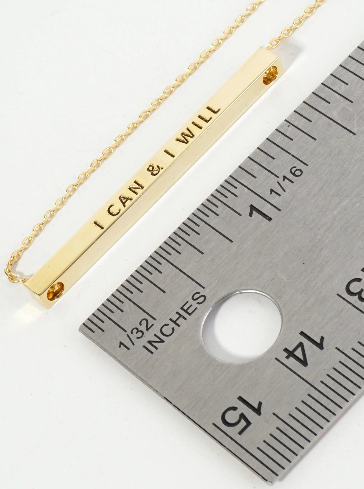I Can And I Will Engraved 18K Gold Dipped Horizontal Brass Bar Pendant Inspirational Necklace