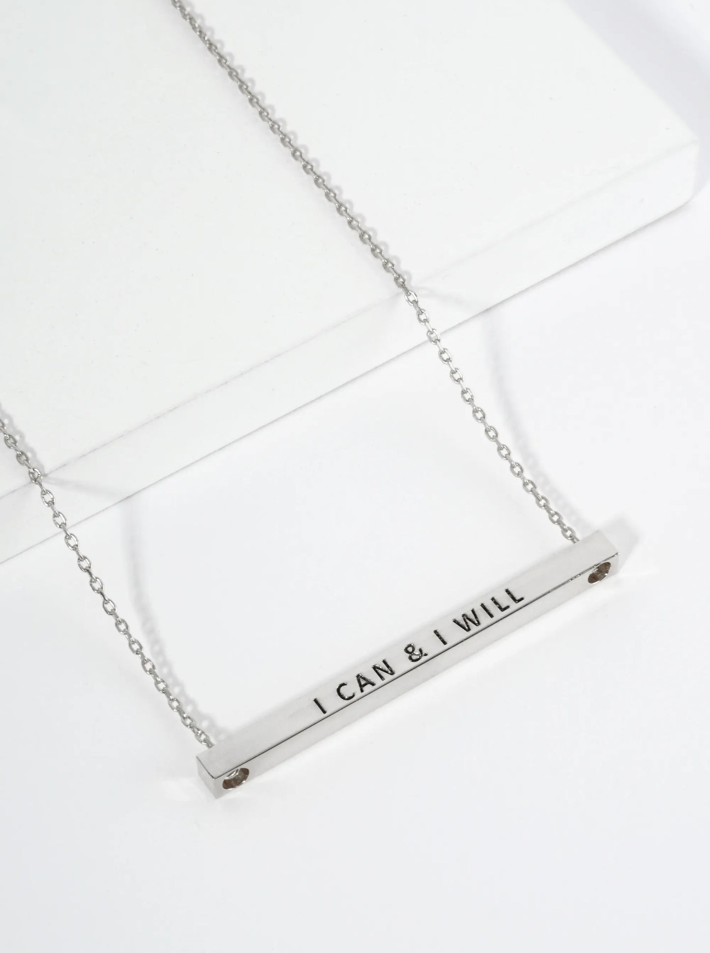 I Can And I Will Engraved 18K Gold Dipped Horizontal Brass Bar Pendant Inspirational Necklace