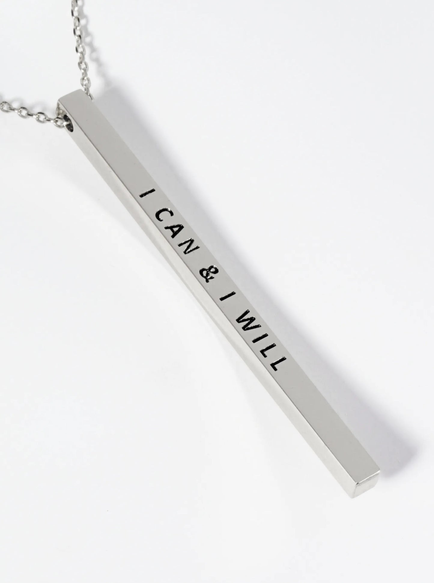 I Can And I Will Engraved Vertical Bar Pendant Inspirational Necklace