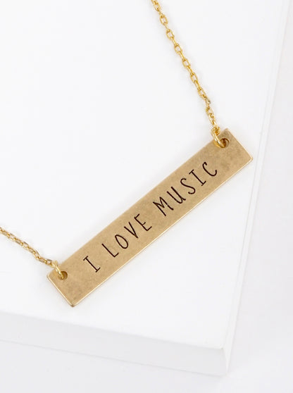 I Love Music Engraved Horizontal Bar Pendant Necklace