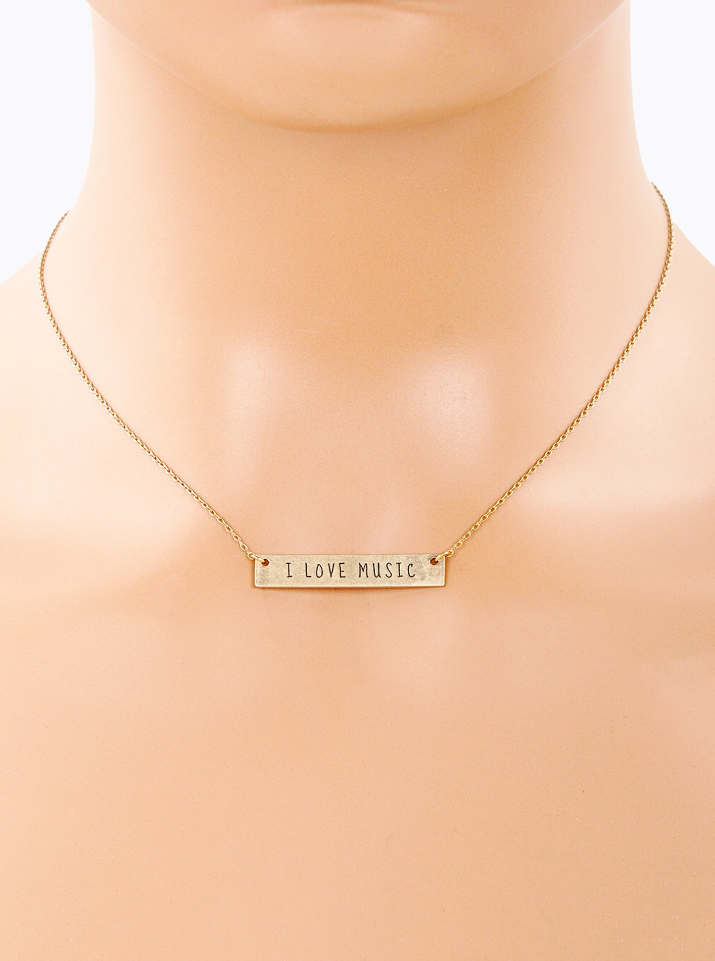 I Love Music Engraved Horizontal Bar Pendant Necklace