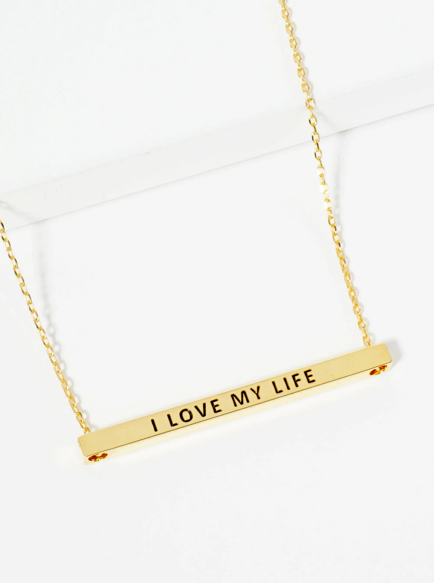 I Love My Life Engraved 18K Gold Dipped Horizontal Brass Bar Pendant Inspirational Necklace