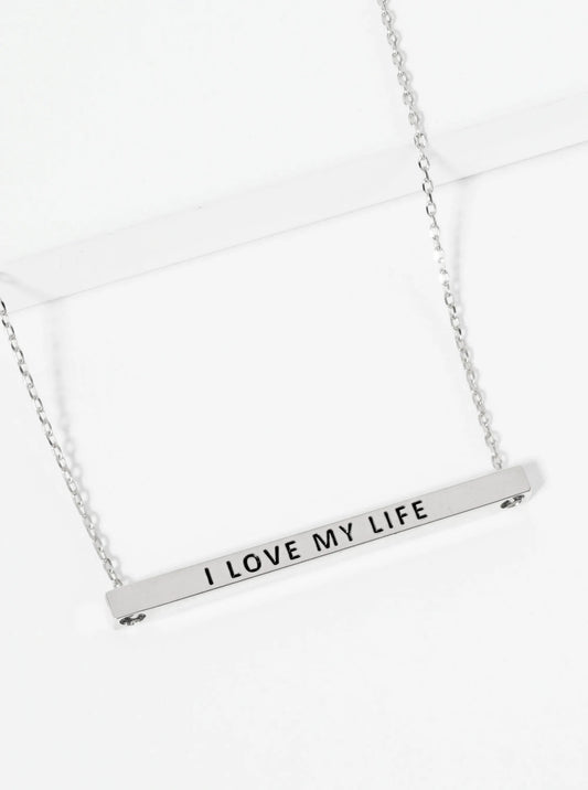 I Love My Life Engraved 18K Gold Dipped Horizontal Brass Bar Pendant Inspirational Necklace