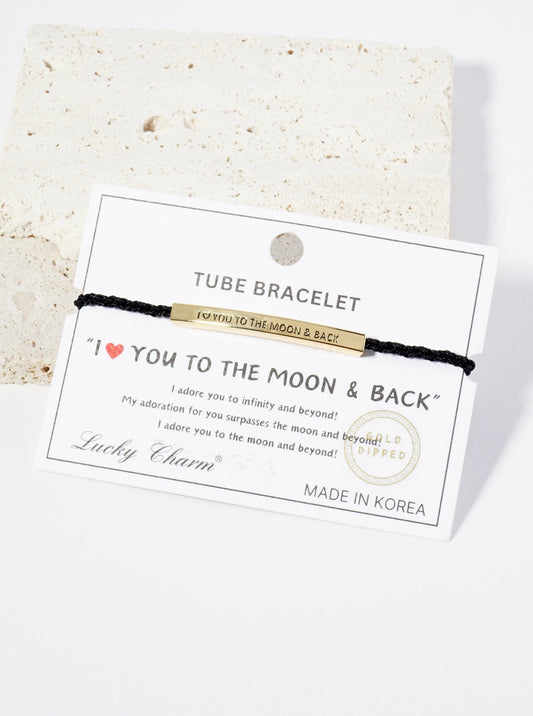 I Love You To The Moon And Back Engraved 18K Gold Dipped Curved Brass Tube Bar Adjustable Pull Tie Bracelet