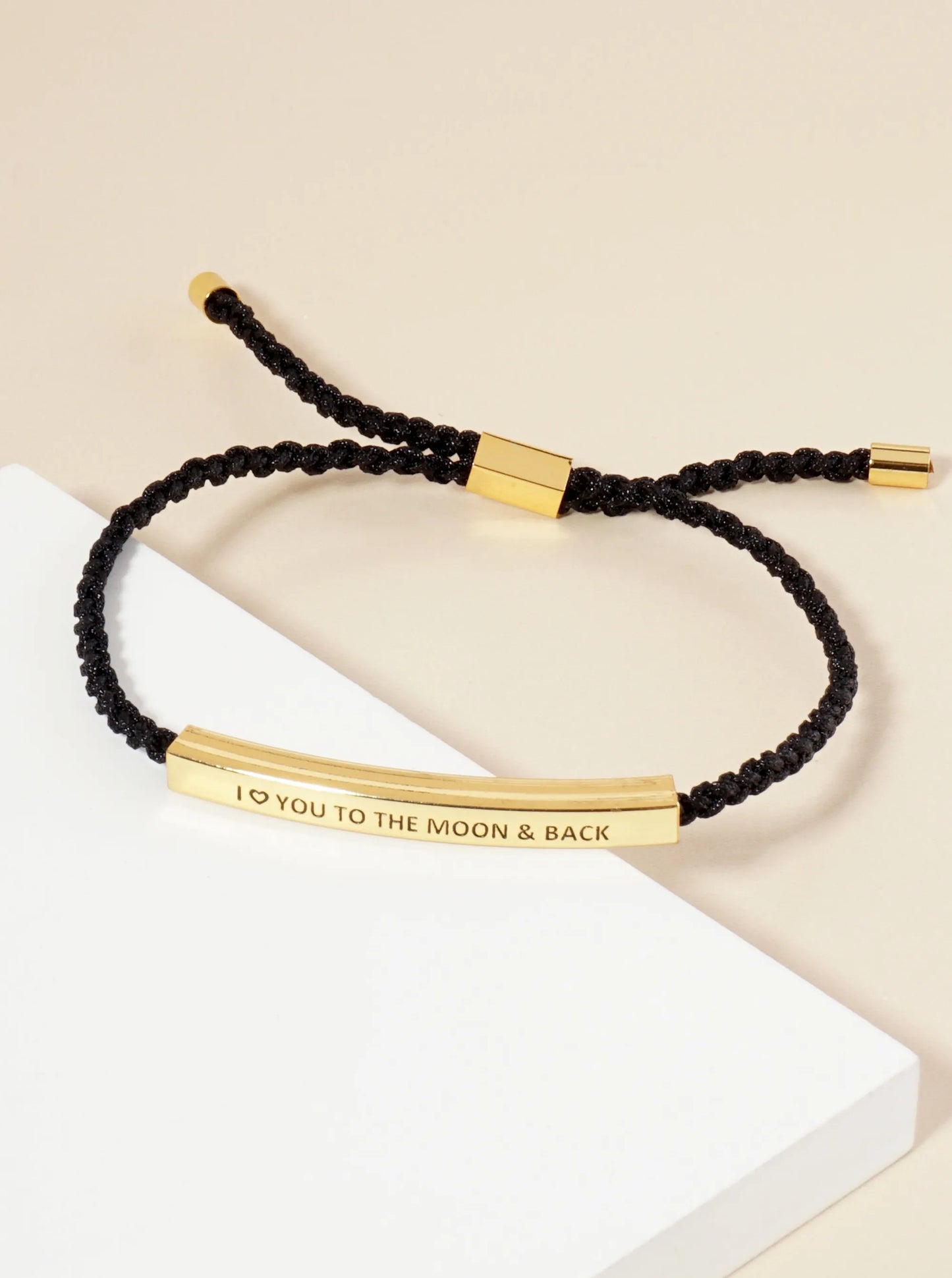 I Love You To The Moon And Back Engraved 18K Gold Dipped Curved Brass Tube Bar Adjustable Pull Tie Bracelet
