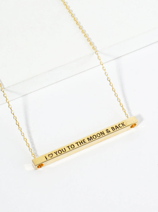 I Love You To The Moon And Back Engraved 18K Gold Dipped Horizontal Brass Bar Pendant Inspirational Necklace