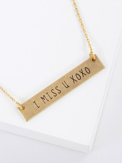 I Miss U Xoxo Engraved Horizontal Bar Pendant Necklace