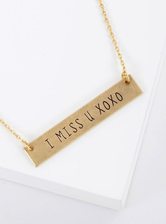 I Miss U Xoxo Engraved Horizontal Bar Pendant Necklace