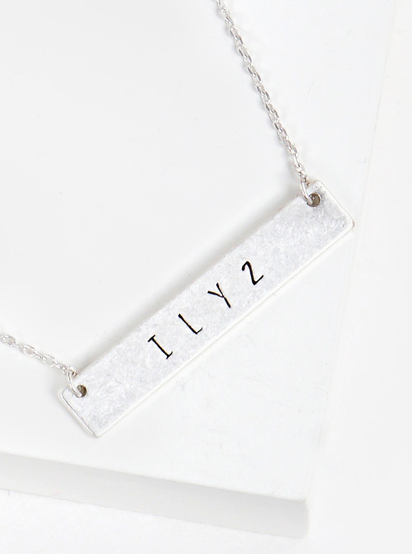 ILY2 I Love You Too Engraved Horizontal Bar Pendant Necklace