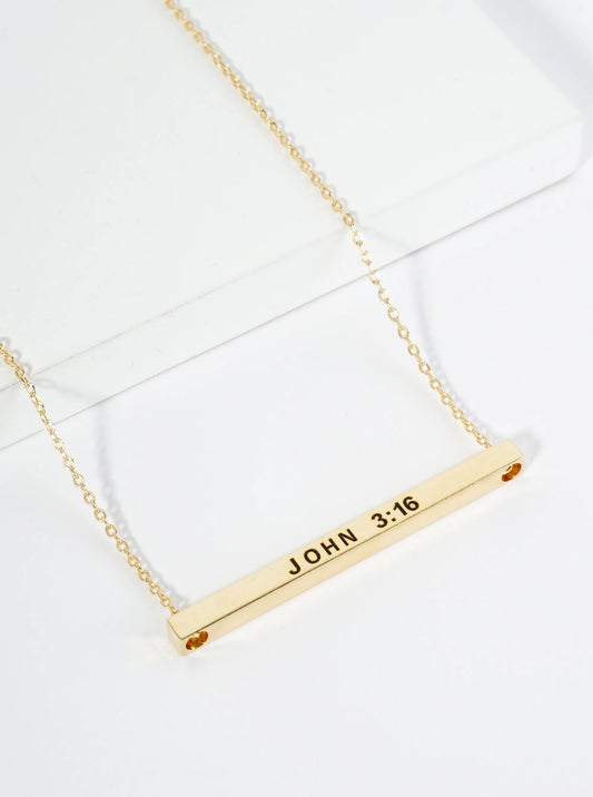 John 3 16 Engraved 18K Gold Dipped Horizontal Brass Bar Pendant Inspirational Necklace