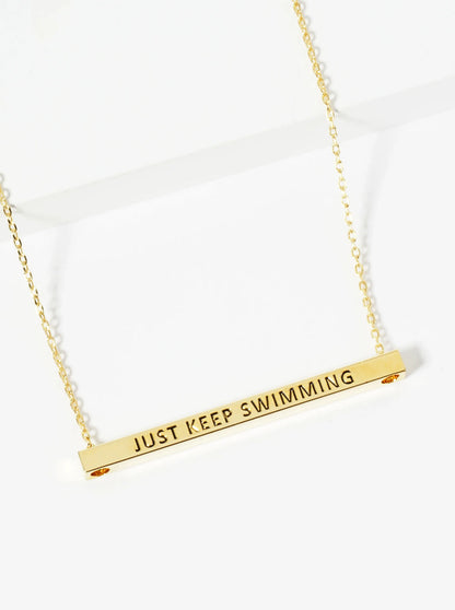 Just Keep Swimming Engraved 18K Gold Dipped Horizontal Brass Bar Pendant Inspirational Necklace
