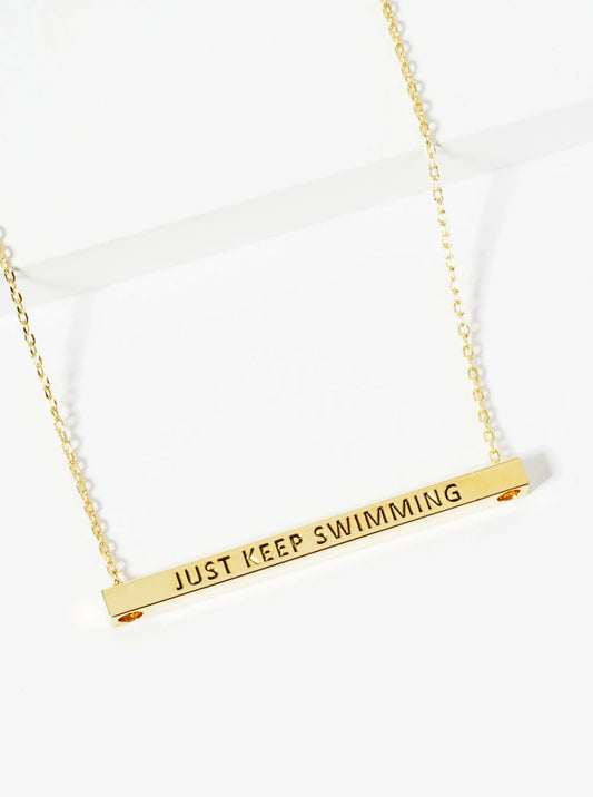 Just Keep Swimming Engraved 18K Gold Dipped Horizontal Brass Bar Pendant Inspirational Necklace