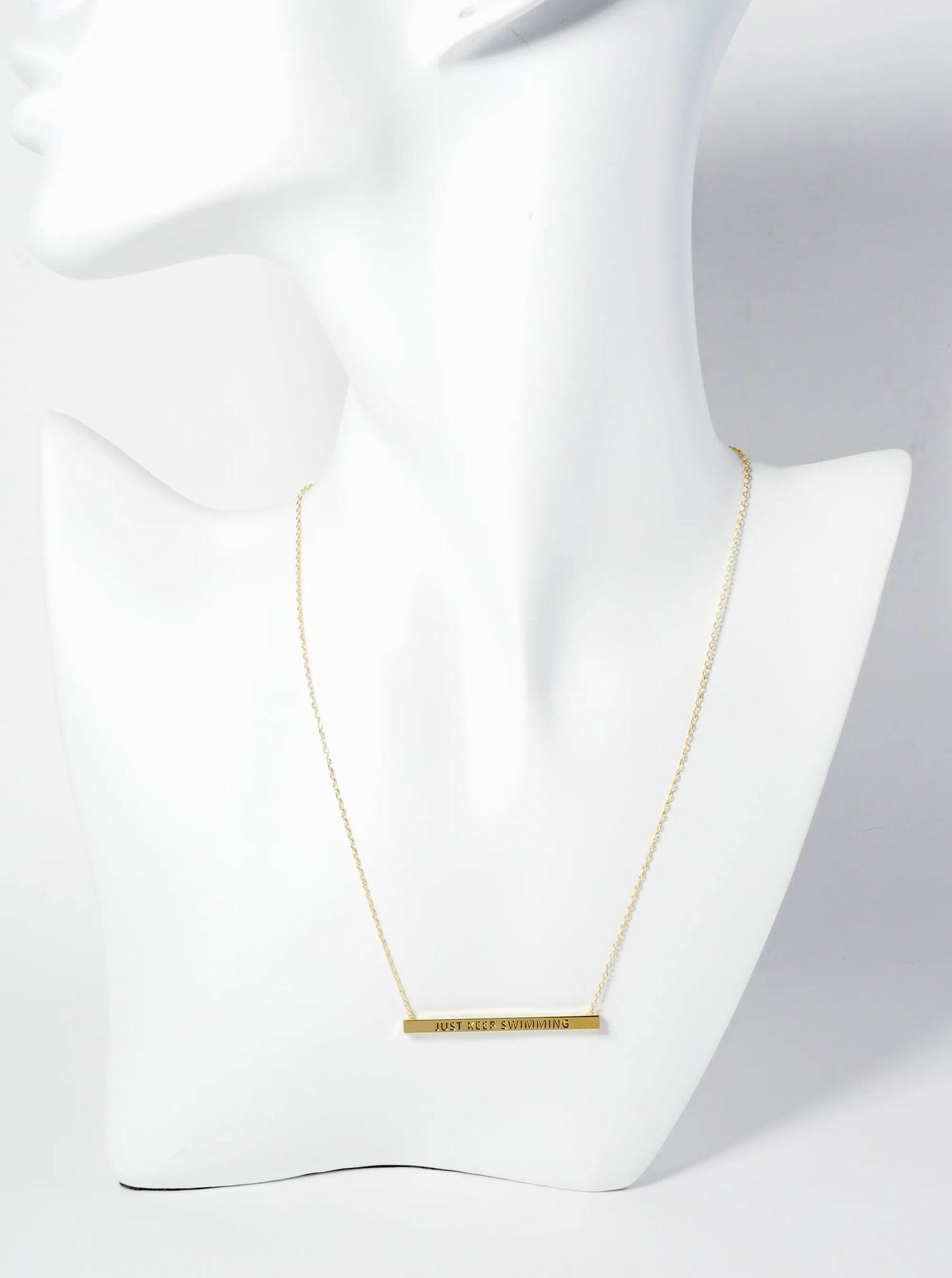 Just Keep Swimming Engraved 18K Gold Dipped Horizontal Brass Bar Pendant Inspirational Necklace