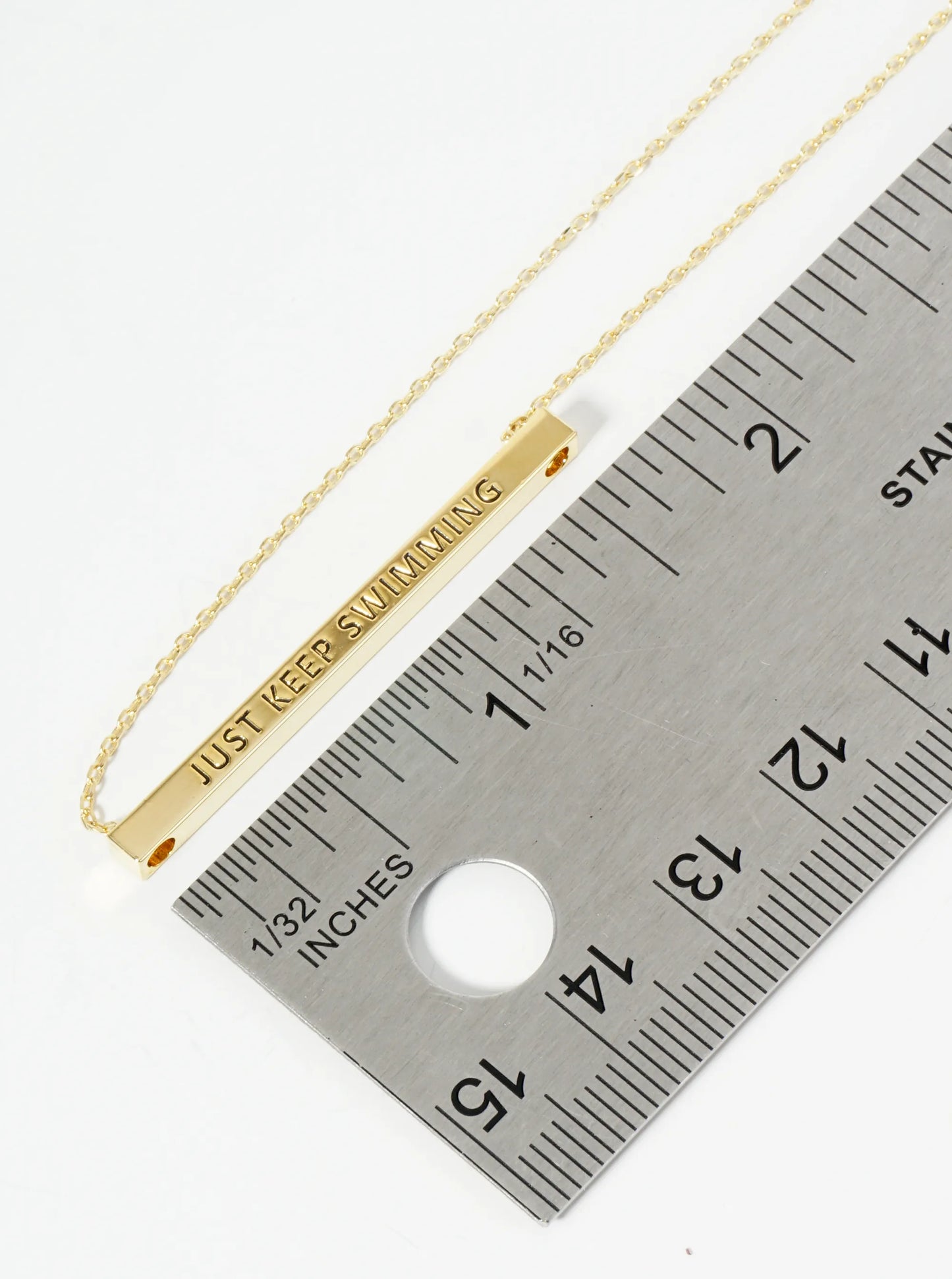 Just Keep Swimming Engraved 18K Gold Dipped Horizontal Brass Bar Pendant Inspirational Necklace