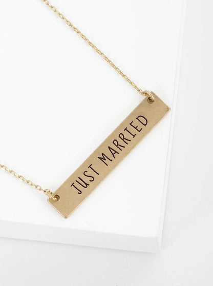Just Married Engraved Horizontal Bar Pendant Necklace