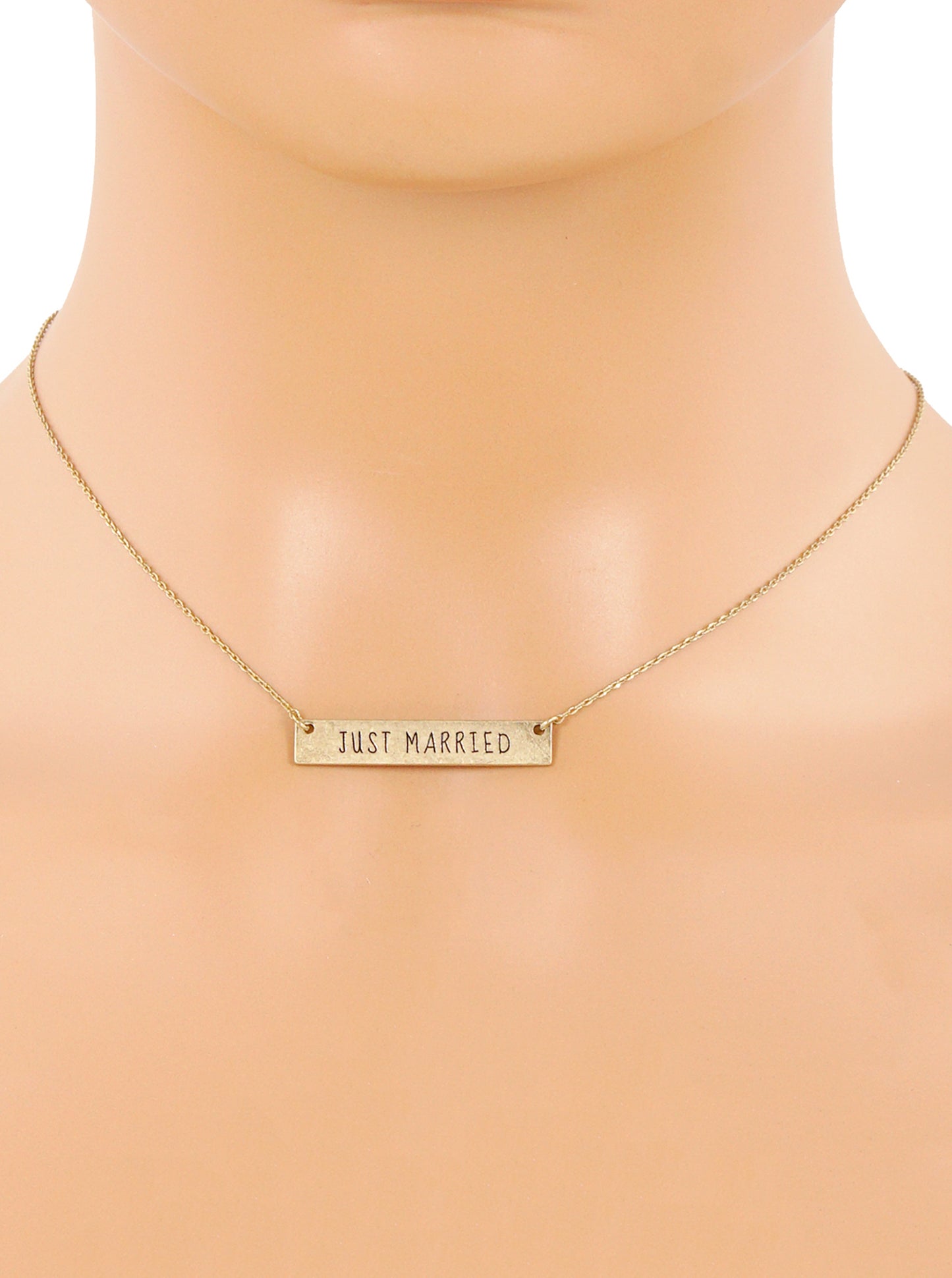 Just Married Engraved Horizontal Bar Pendant Necklace