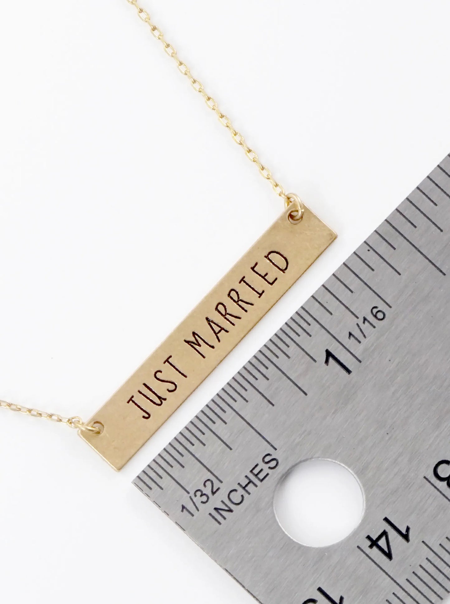 Just Married Engraved Horizontal Bar Pendant Necklace