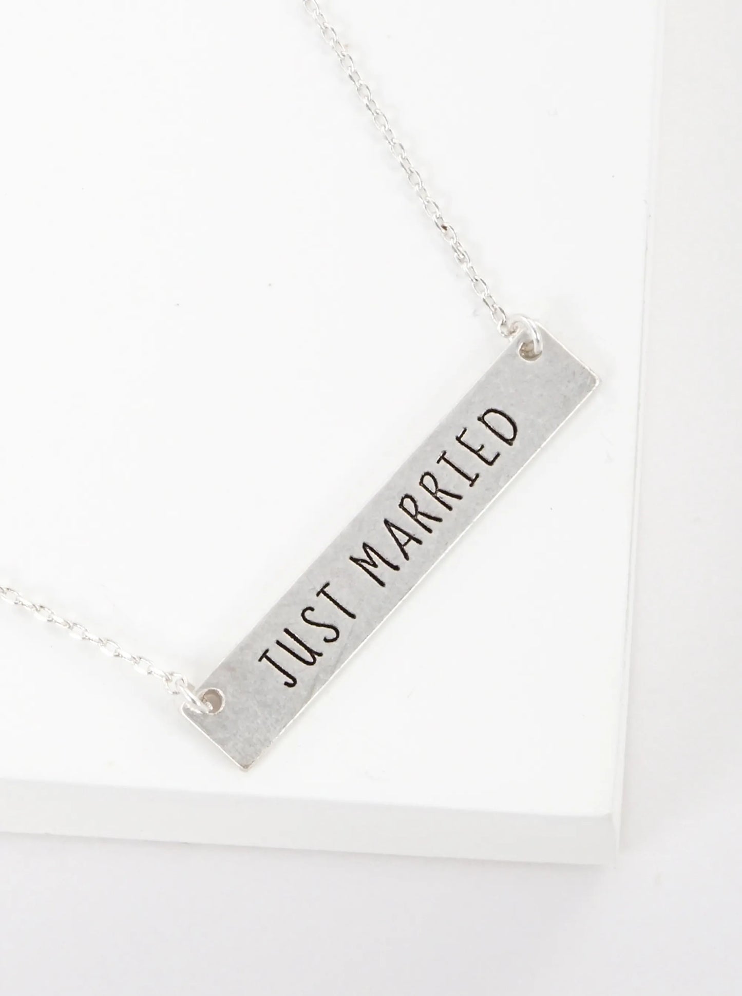 Just Married Engraved Horizontal Bar Pendant Necklace