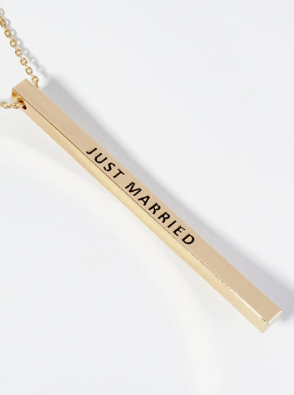 Just Married Engraved Vertical Bar Pendant Inspirational Necklace