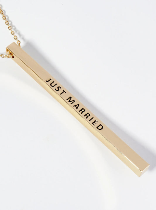 Just Married Engraved Vertical Bar Pendant Inspirational Necklace
