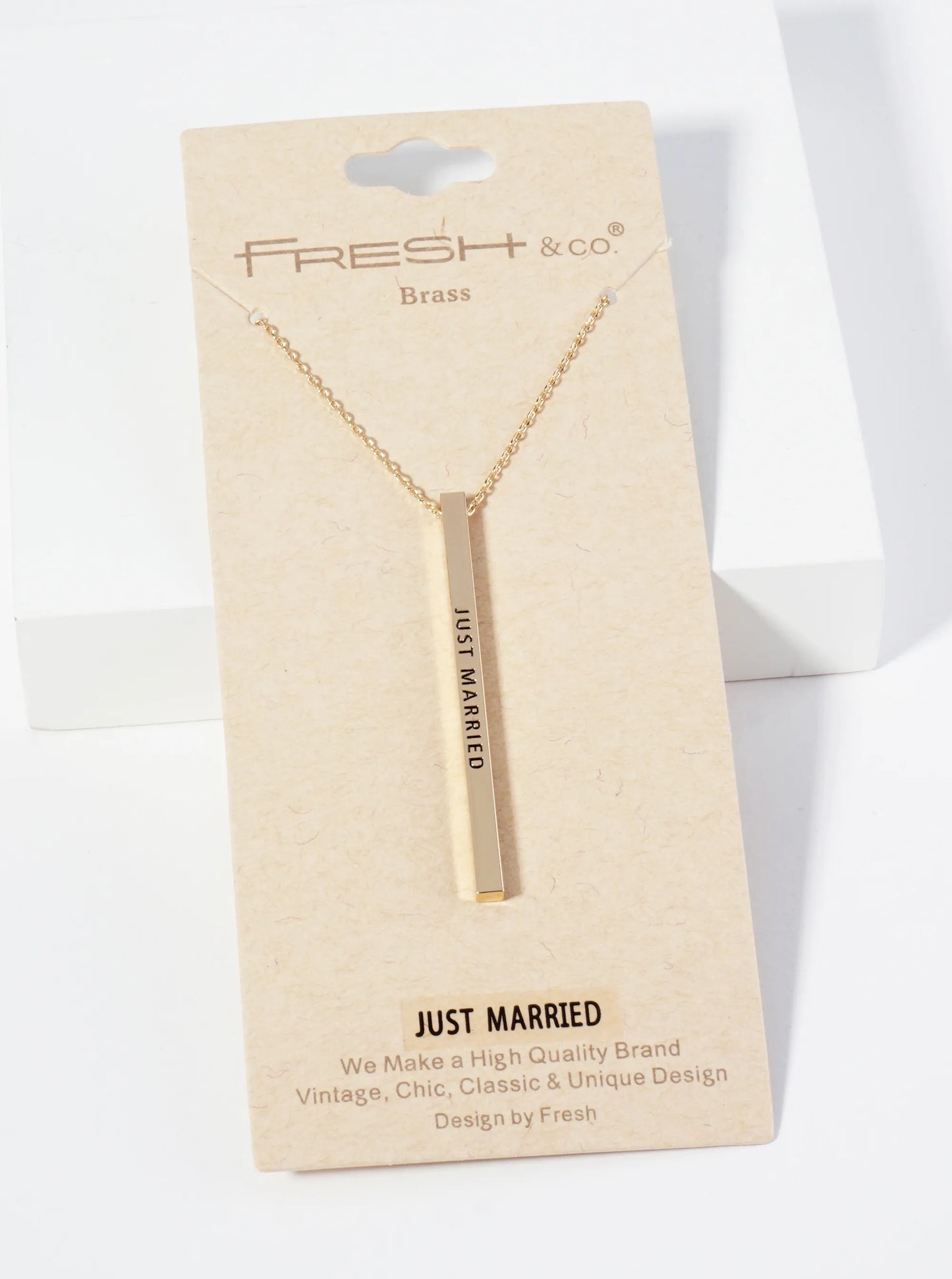 Just Married Engraved Vertical Bar Pendant Inspirational Necklace
