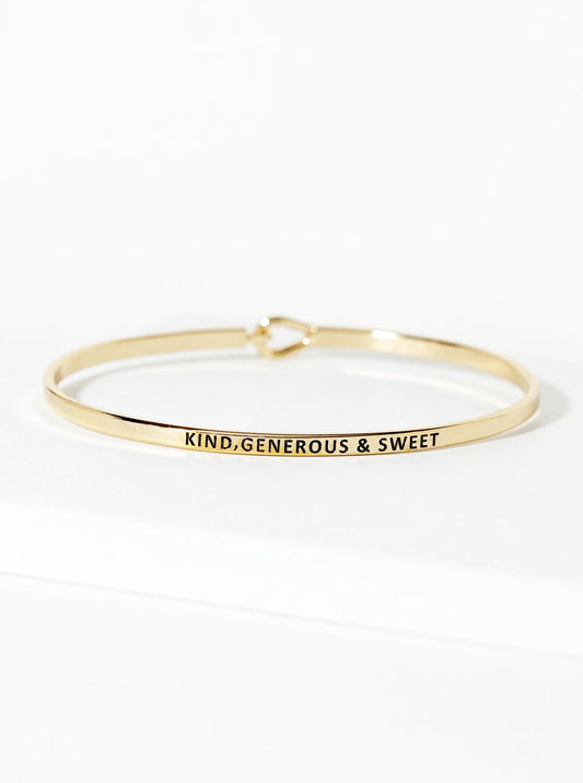 Kind Generous And Sweet Engraved Inspirational Bangle Bracelet