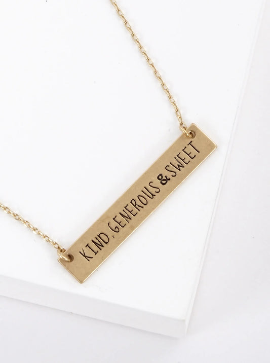 Kind Generous And Sweet Engraved Horizontal Bar Pendant Necklace