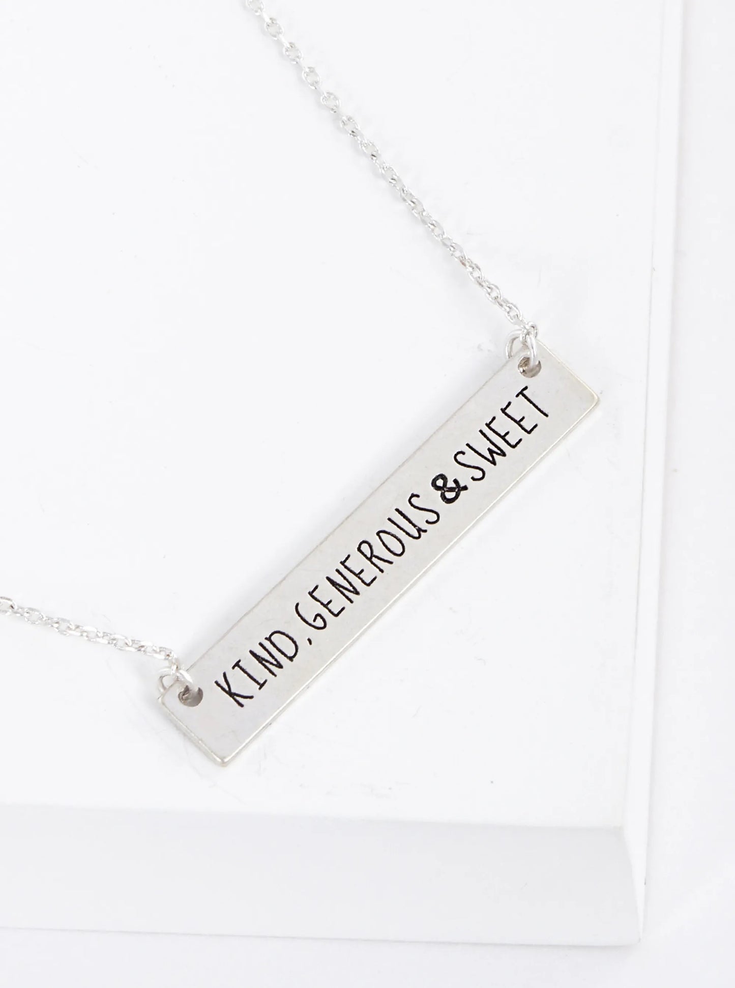 Kind Generous And Sweet Engraved Horizontal Bar Pendant Necklace
